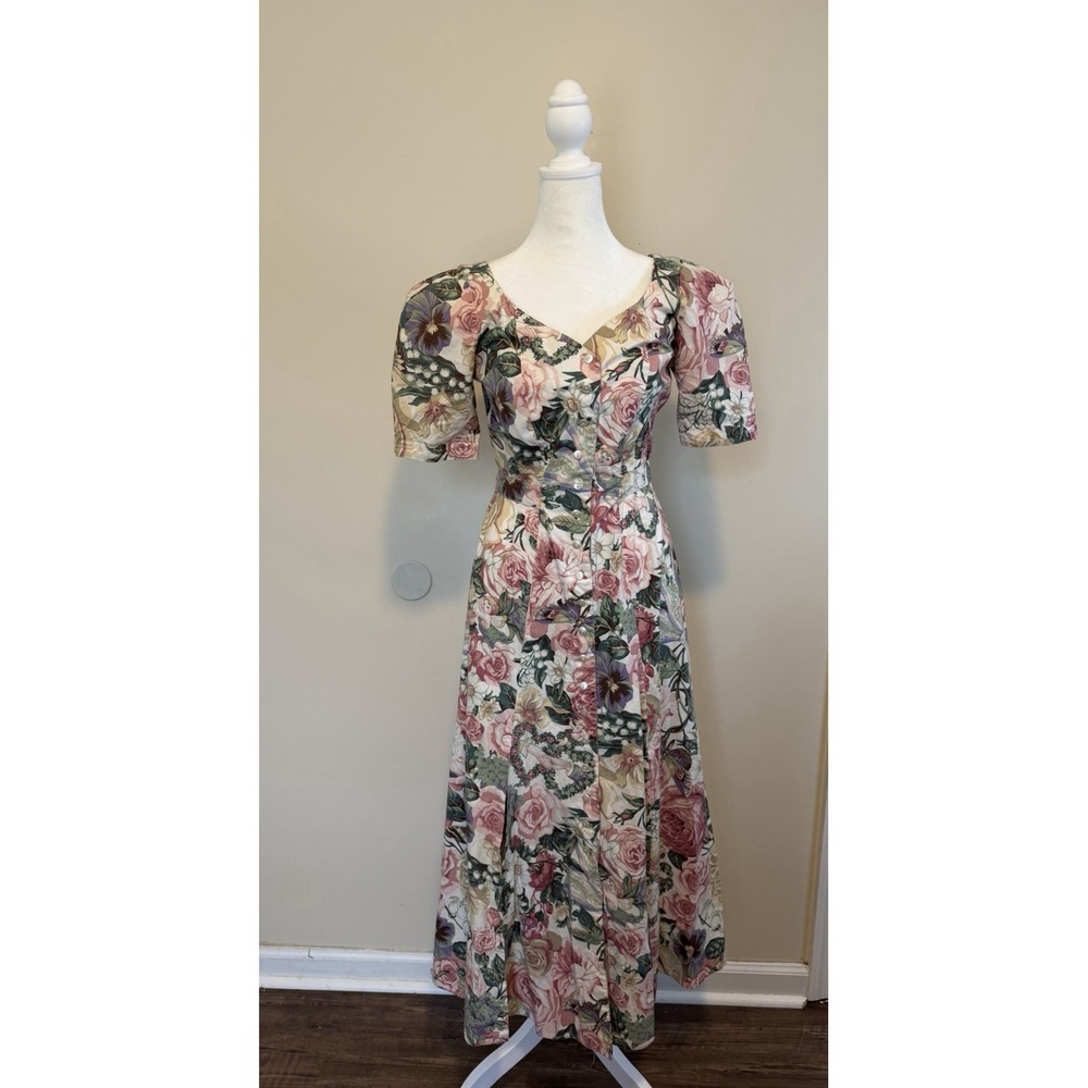 VTG Karen Alexander 80s Floral Midi Dress 10 Slits sweetheart Button Front retro
